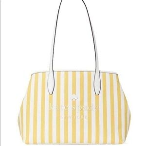 Kate Spade Yellow Stripe Canvas Tote Bag Leather Trim Large Shopper NWT